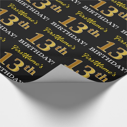 Zwart, Imitatie Goud "13e VERJAARDAG" Cadeaupapier (Hoek)