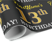 Zwart, Imitatie Goud "13e VERJAARDAG" Cadeaupapier (Rol Hoek)