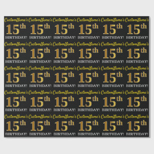 Zwart, Imitatie Goud "15e VERJAARDAG" Cadeaupapier