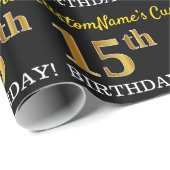 Zwart, Imitatie Goud "15e VERJAARDAG" Cadeaupapier (Rol Hoek)