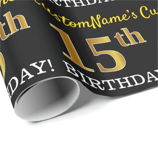 Zwart, Imitatie Goud "15e VERJAARDAG" Cadeaupapier (Rol Hoek)
