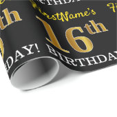 Zwart, Imitatie Goud "16e VERJAARDAG" Cadeaupapier (Rol Hoek)