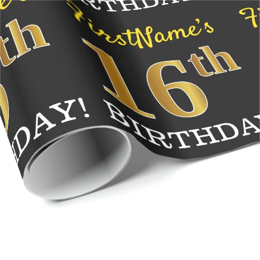 Zwart, Imitatie Goud "16e VERJAARDAG" Cadeaupapier (Rol Hoek)