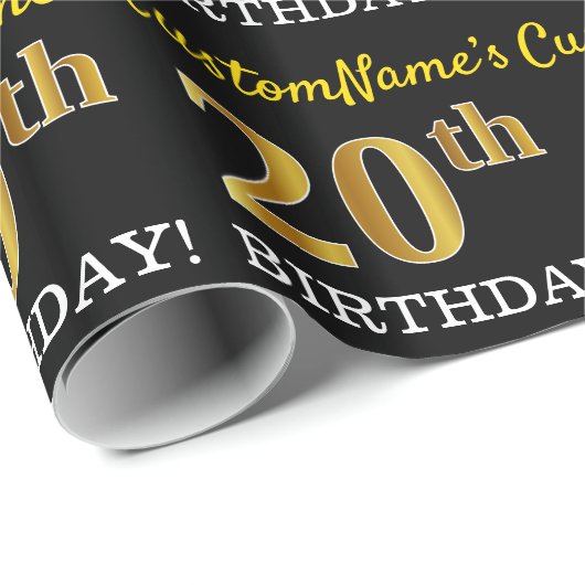 Zwart, Imitatie Goud "20e VERJAARDAG" Cadeaupapier (Rol Hoek)