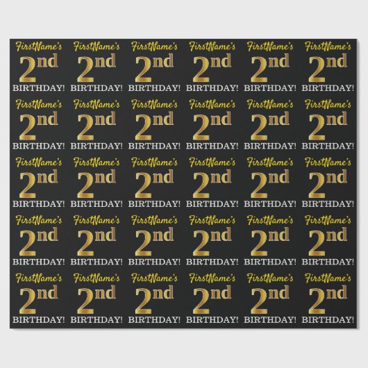 Zwart, Imitatie Goud "2e VERJAARDAG" Cadeaupapier (Vlak)