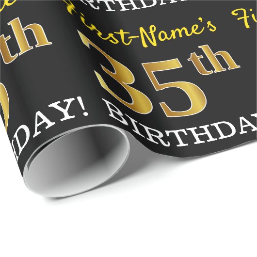 Zwart, Imitatie Goud "35e VERJAARDAG" Cadeaupapier (Rol Hoek)