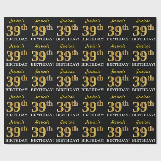 Zwart, Imitatie Goud "39e VERJAARDAG" Cadeaupapier (Vlak)