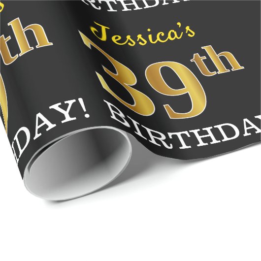 Zwart, Imitatie Goud "39e VERJAARDAG" Cadeaupapier (Rol Hoek)