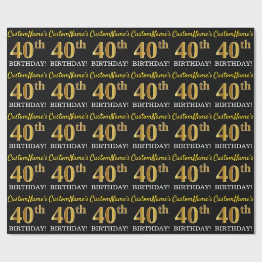 Zwart, Imitatie Goud "40e VERJAARDAG" Cadeaupapier (Vlak)