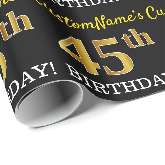 Zwart, Imitatie Goud "45e VERJAARDAG" Cadeaupapier (Rol Hoek)