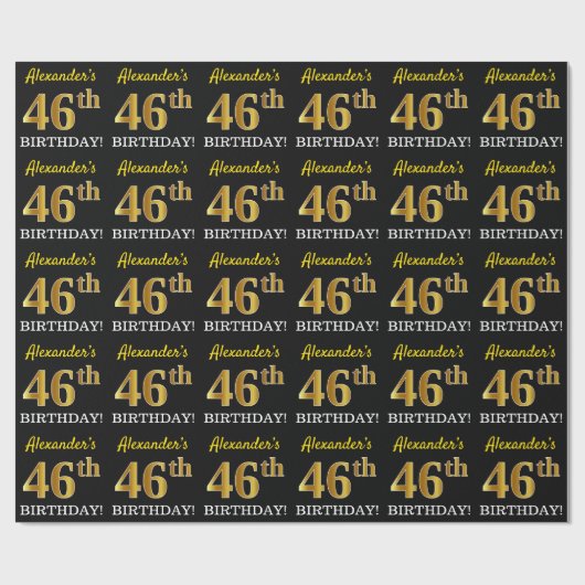 Zwart, Imitatie Goud "46e VERJAARDAG" Cadeaupapier (Vlak)