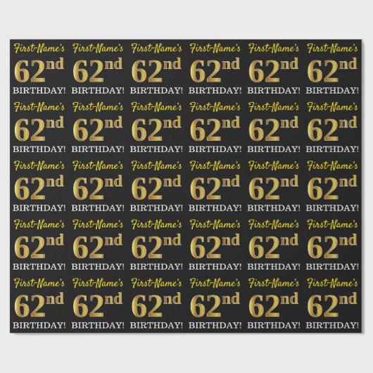 Zwart, Imitatie Goud "62e VERJAARDAG" Cadeaupapier (Vlak)