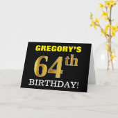 Zwart, Imitatie Goud "64e VERJAARDAG" Kaart (Gele Bloem)