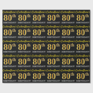 Zwart, Imitatie Goud "80e VERJAARDAG" Cadeaupapier