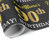 Zwart, Imitatie Goud "90e VERJAARDAG" Cadeaupapier (Rol Hoek)