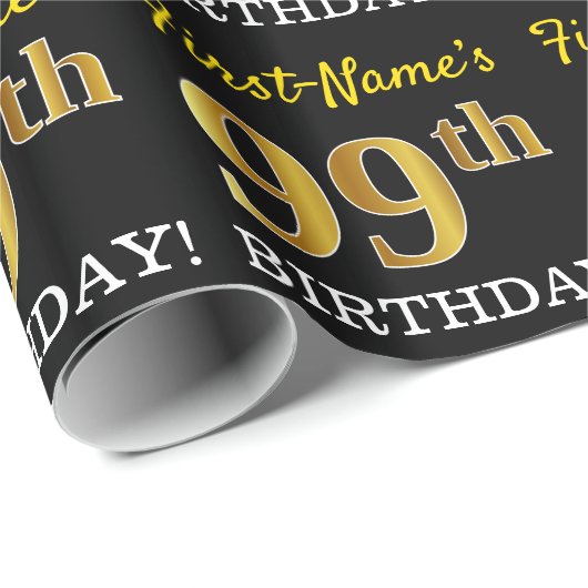 Zwart, Imitatie Goud "99e VERJAARDAG" Cadeaupapier (Rol Hoek)