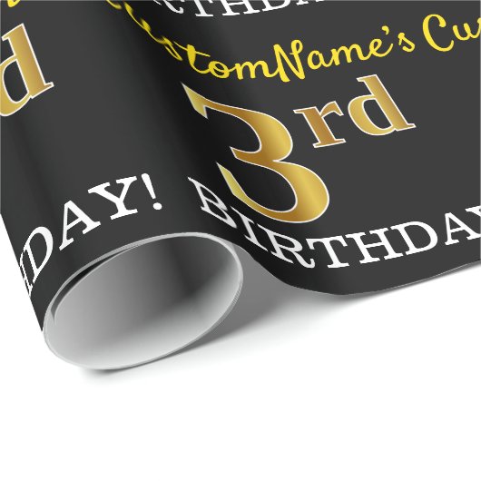 Zwart, imitatiegoud "3e BIRTHDAY" Cadeaupapier (Rol Hoek)