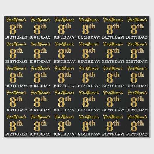 Zwart, imitatiegoud "8e BIRTHDAY" Cadeaupapier (Vlak)