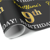Zwart, imitatiegoud "9e BIRTHDAY" Cadeaupapier (Rol Hoek)