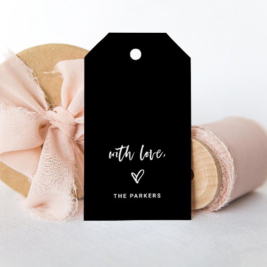 Zwart | informeel script en hart met liefde cadeaulabel