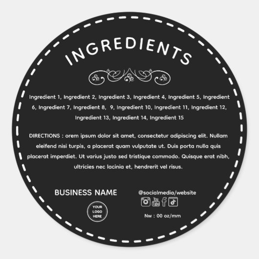Zwart Ingredient Richting Met Logo Productlabel Ronde Sticker (Voorkant)