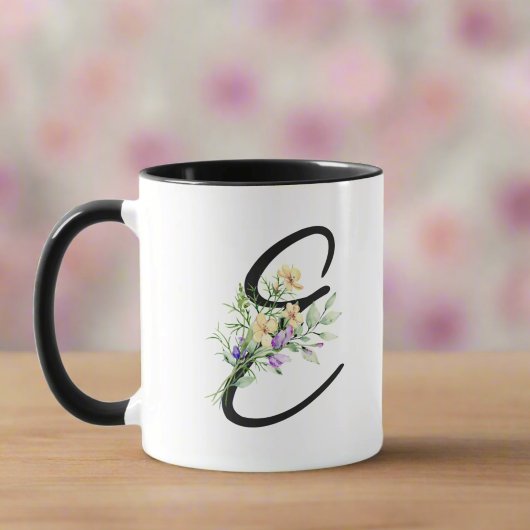 Zwart Initiaal Script "E" Waterverf Flowers Girly Mok