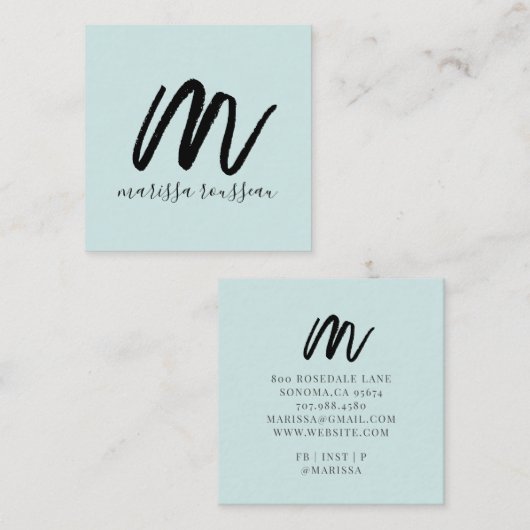 Zwart Initiaal voor penseelscript Naam Blauwe Roep Vierkante Visitekaartje (Voorkant / Achterkant)