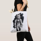 Zwart Inkt Astronaut Cat Design Tote Bag (Dichtbij)