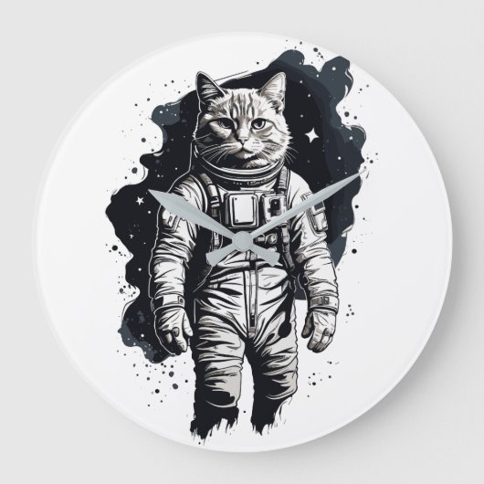 Zwart Inkt Astronaut Kat Ontwerp Grote Klok (Voorkant)