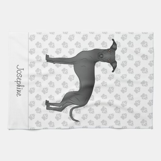 Zwart Italiaans grijnshond met aangepaste naam Theedoek (Horizontaal)