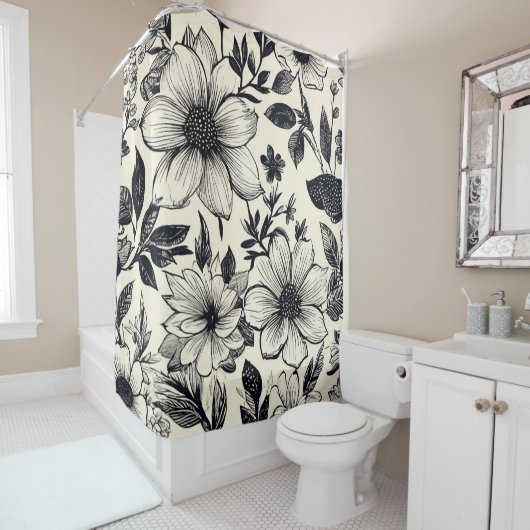 Zwart & Ivoor Bloemen Douchegordijn (In situ)