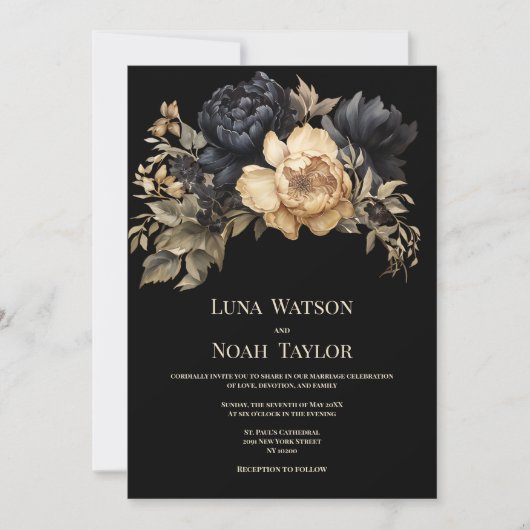 Zwart ivoor blush groen pioen bloemenbruiloft kaart (Voorkant)