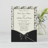 Zwart Ivoor Cream Damask Wedding Kaart (Staand voorkant)