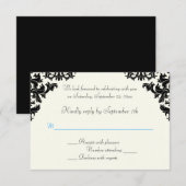 Zwart, ivoor en blauw damasten RSVP-kaart Kaart (Voorkant / Achterkant)