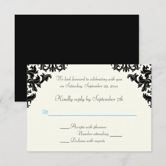 Zwart, ivoor en blauw damasten RSVP-kaart Kaart (Voorkant / Achterkant)