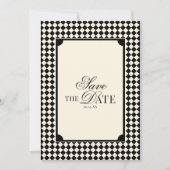 Zwart & Ivoor Geruit Old Money QR Code Bruiloft Save The Date (Voorkant)