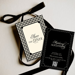 Zwart & Ivoor Geruit Old Money QR Code Bruiloft Save The Date