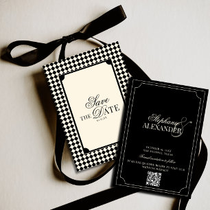 Zwart & Ivoor Geruit Old Money QR Code Bruiloft Save The Date