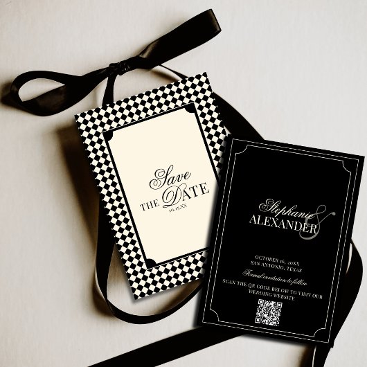 Zwart & Ivoor Geruit Old Money QR Code Bruiloft Save The Date