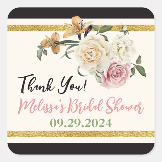 Zwart, Ivoor, Goud Bloemen Boeket Vierkante Sticker (Voorkant)
