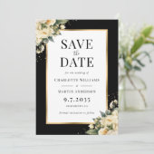 Zwart Ivoor Goud Bloemen Huwelijk Save The Date Ka (Staand voorkant)