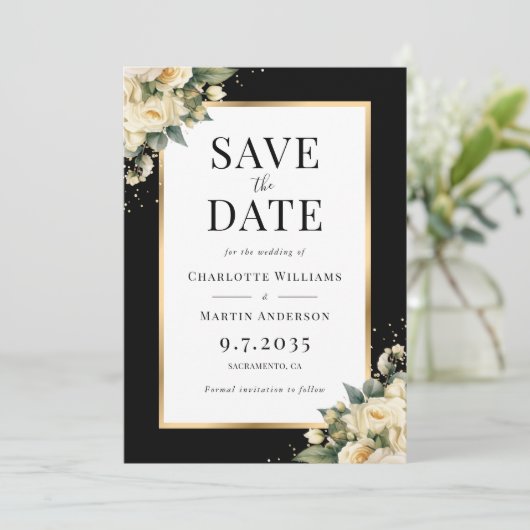 Zwart Ivoor Goud Bloemen Huwelijk Save The Date Ka (Staand voorkant)