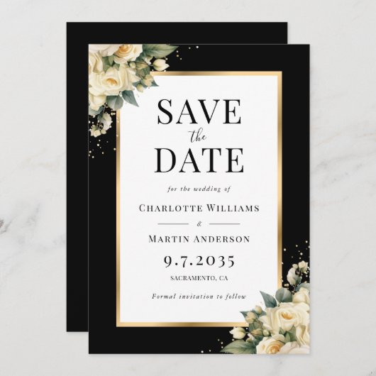 Zwart Ivoor Goud Bloemen Huwelijk Save The Date Ka (Voorkant / Achterkant)