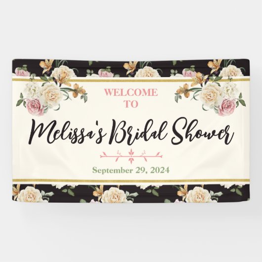 Zwart, Ivoor, Goud Bloemen Vrijgezellenfeest Welko Spandoek (Horizontaal)