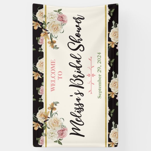 Zwart, Ivoor, Goud Bloemen Vrijgezellenfeest Welko Spandoek (Verticaal)