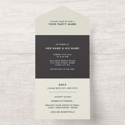 Zwart & Ivoor | Koel moderne elegante folie All In One Uitnodiging (Binnenkant)