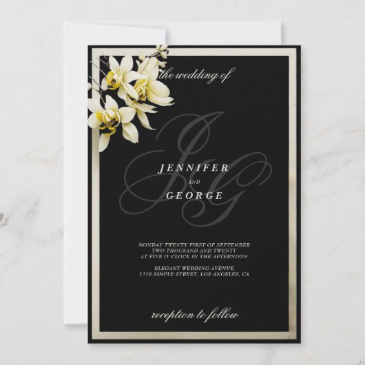 Zwart ivoor monogram initialen orchidee bruiloft kaart (Voorkant)
