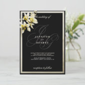 Zwart ivoor monogram initialen orchidee bruiloft kaart (Staand voorkant)