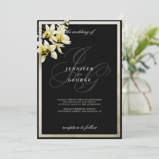 Zwart ivoor monogram initialen orchidee bruiloft kaart (Staand voorkant)