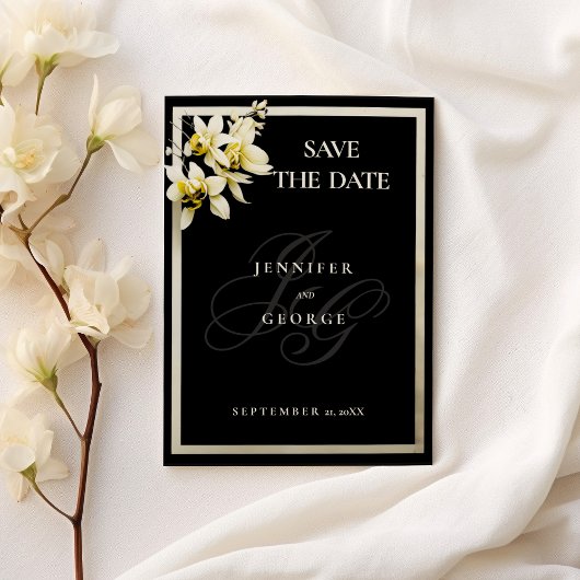 Zwart ivoor monogram initialen orchidee Save The D Save The Date
